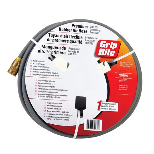 Grip-Rite 1/4" x 50' Premium Rubber Air Hose with Push Lock Coupler & Plug Grey