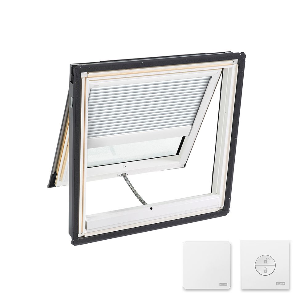Velux 44-1/4" x 26-7/8" Manual "Fresh Air" Deck-Mounted Skylight with Aluminum Cladding, Laminated Low-E3 Glass & White Solar Room Darkening Blind White